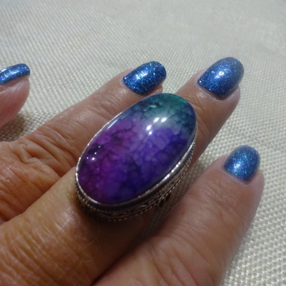 Gorgeous "PURPLE/TEAL SOLAR AGATE" Handmade Sterling Ring Size 9 #42B